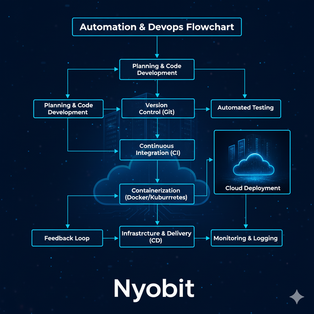 Automation & DevOps flowchart on a dark blue background with glowing blue lines, showing steps like Planning, Version Control, Automated Testing, Continuous Integration, Containerization, Cloud Deployment, Infrastructure & Delivery, Monitoring, and Feedback Loop. The Nyobit logo is at the bottom.