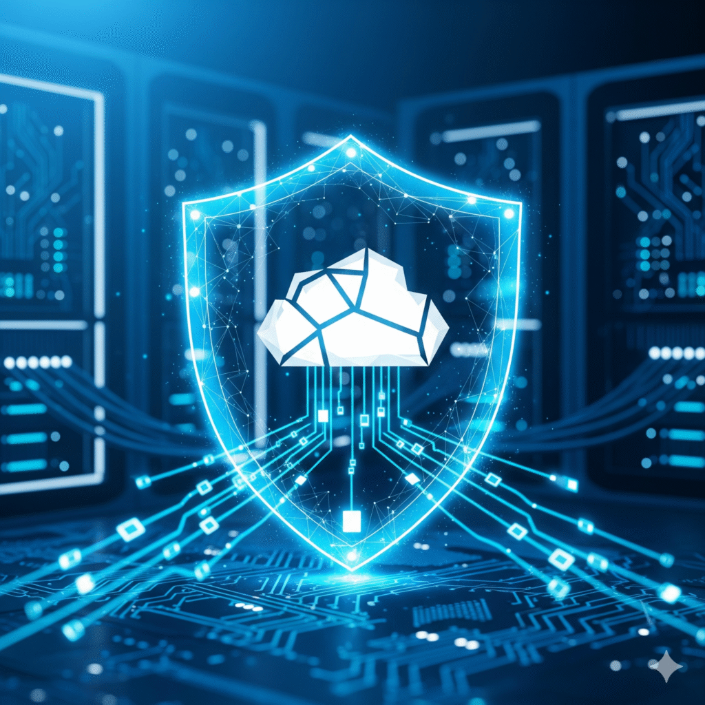 A glowing blue shield icon, representing data security, with a stylized cloud symbol inside, is positioned in the foreground of a server room or data center. Blue light trails connect the shield to various server racks and circuit board elements, emphasizing network security and data protection in a cloud environment.