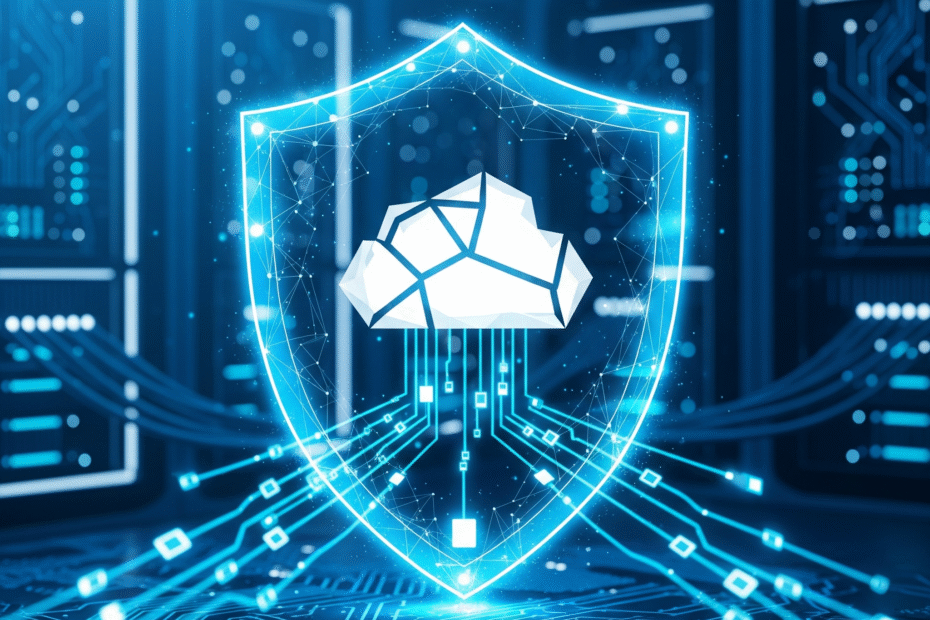 A glowing blue shield icon, representing data security, with a stylized cloud symbol inside, is positioned in the foreground of a server room or data center. Blue light trails connect the shield to various server racks and circuit board elements, emphasizing network security and data protection in a cloud environment.