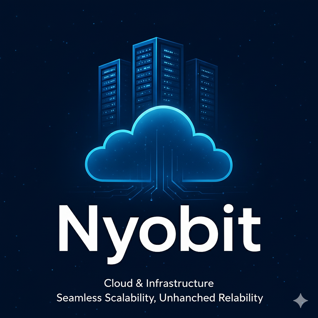 Nyobit cloud infrastructure and data center migration services logo showing a modern server building connected to a glowing blue cloud.