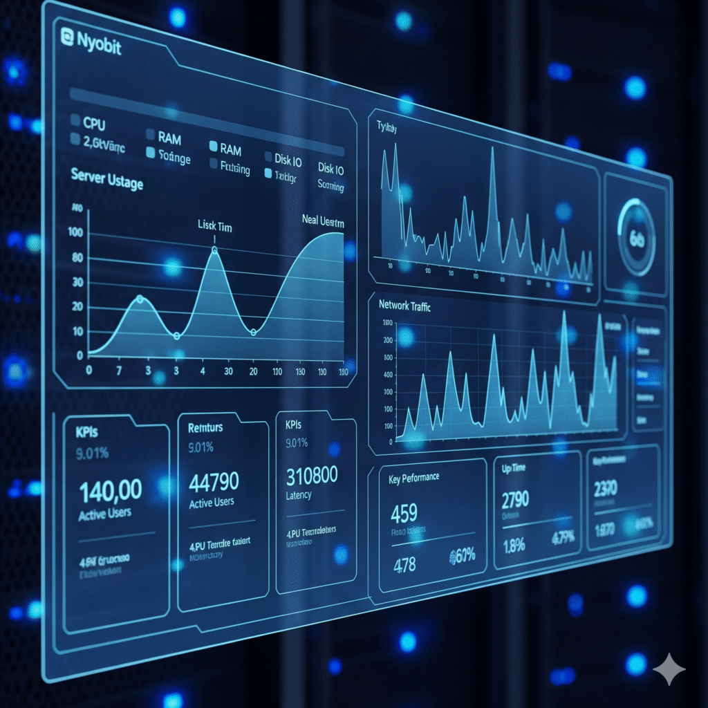 A futuristic digital dashboard displaying various graphs and metrics for server usage, network traffic, and key performance indicators, all set against a dark background with blue glowing server racks in the background.