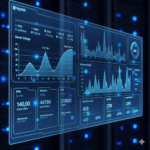 A futuristic digital dashboard displaying various graphs and metrics for server usage, network traffic, and key performance indicators, all set against a dark background with blue glowing server racks in the background.