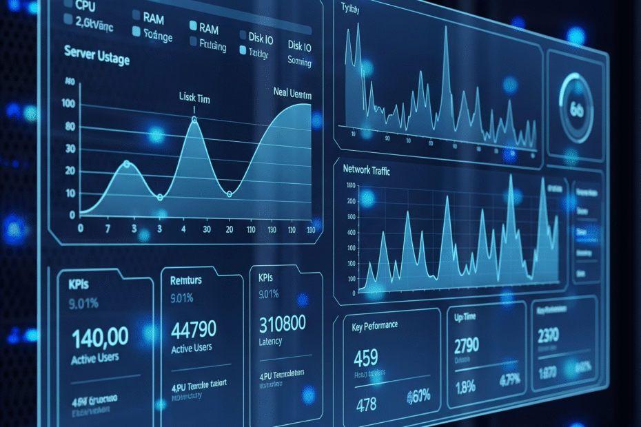 A futuristic digital dashboard displaying various graphs and metrics for server usage, network traffic, and key performance indicators, all set against a dark background with blue glowing server racks in the background.