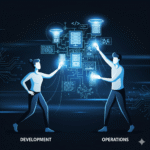 A stylized digital illustration depicting two figures, one representing "Development" and the other "Operations," collaboratively interacting with a glowing, interconnected network of servers, cloud icons, and code snippets. The overall aesthetic is clean, modern, and uses a blue light theme to convey technology and collaboration.