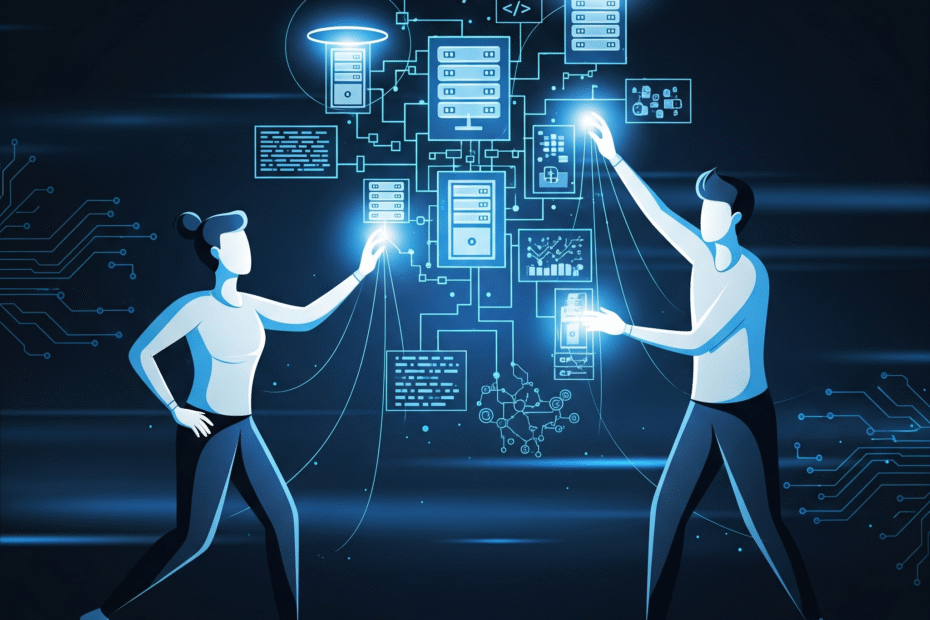 A stylized digital illustration depicting two figures, one representing "Development" and the other "Operations," collaboratively interacting with a glowing, interconnected network of servers, cloud icons, and code snippets. The overall aesthetic is clean, modern, and uses a blue light theme to convey technology and collaboration.