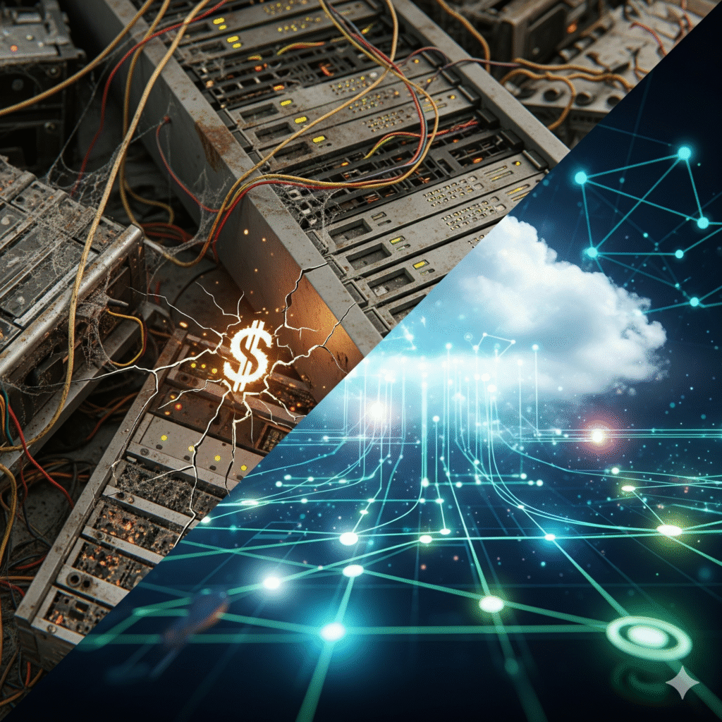 Ein diagonales Split-Bild, das den Kontrast zwischen veralteter und moderner IT-Infrastruktur darstellt. Die linke Seite zeigt rostige, staubige und unorganisierte alte Serverschränke mit Kabeln und Spinnweben, die ein zerbrochenes Dollarzeichen in der Mitte beleuchten, was "versteckte Kosten" symbolisiert. Die rechte Seite zeigt eine saubere, futuristische Cloud-Infrastruktur mit leuchtenden Verbindungen, einem Cloud-Symbol und einer digitalen Netzwerkgrafik, die Effizienz und Modernisierung darstellt.