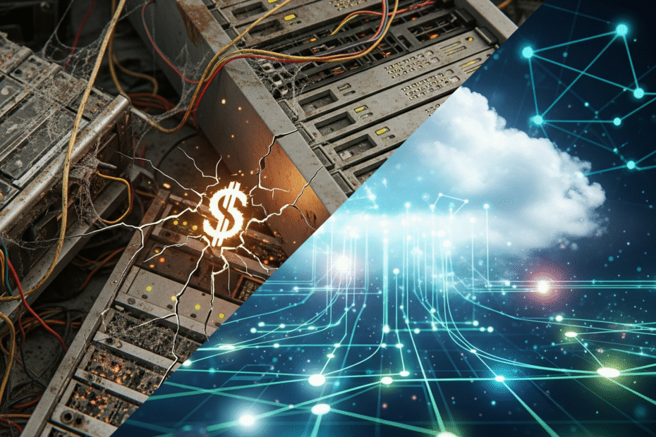 Ein diagonales Split-Bild, das den Kontrast zwischen veralteter und moderner IT-Infrastruktur darstellt. Die linke Seite zeigt rostige, staubige und unorganisierte alte Serverschränke mit Kabeln und Spinnweben, die ein zerbrochenes Dollarzeichen in der Mitte beleuchten, was "versteckte Kosten" symbolisiert. Die rechte Seite zeigt eine saubere, futuristische Cloud-Infrastruktur mit leuchtenden Verbindungen, einem Cloud-Symbol und einer digitalen Netzwerkgrafik, die Effizienz und Modernisierung darstellt.