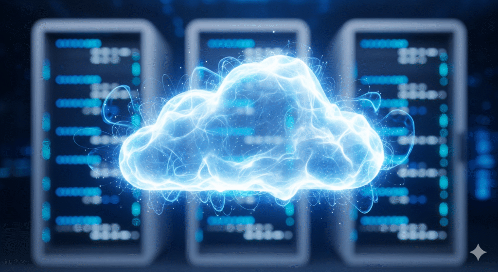 Eine stilisierte, leuchtende Cloud mit drei Serverschränken im Hintergrund, die den Übergang eines Rechenzentrums in eine moderne Cloud-Infrastruktur darstellt.